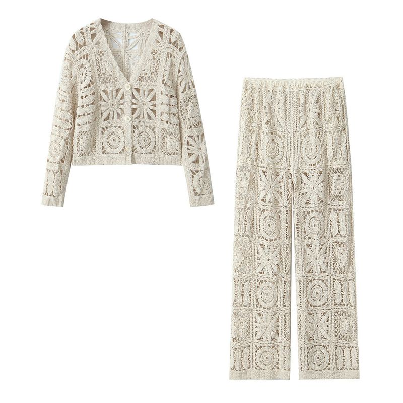 Conjunto de cárdigan y pantalón de punto con flores y gancho hueco para mujer, novedad de verano 2024_voghion.com