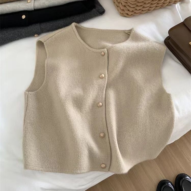 Sanfte einreihige kleine goldene Knopf Rundhals Strickweste Strickjacke Damen, ärmelloses Leibchen Top im koreanischen Stil für_voghion.com