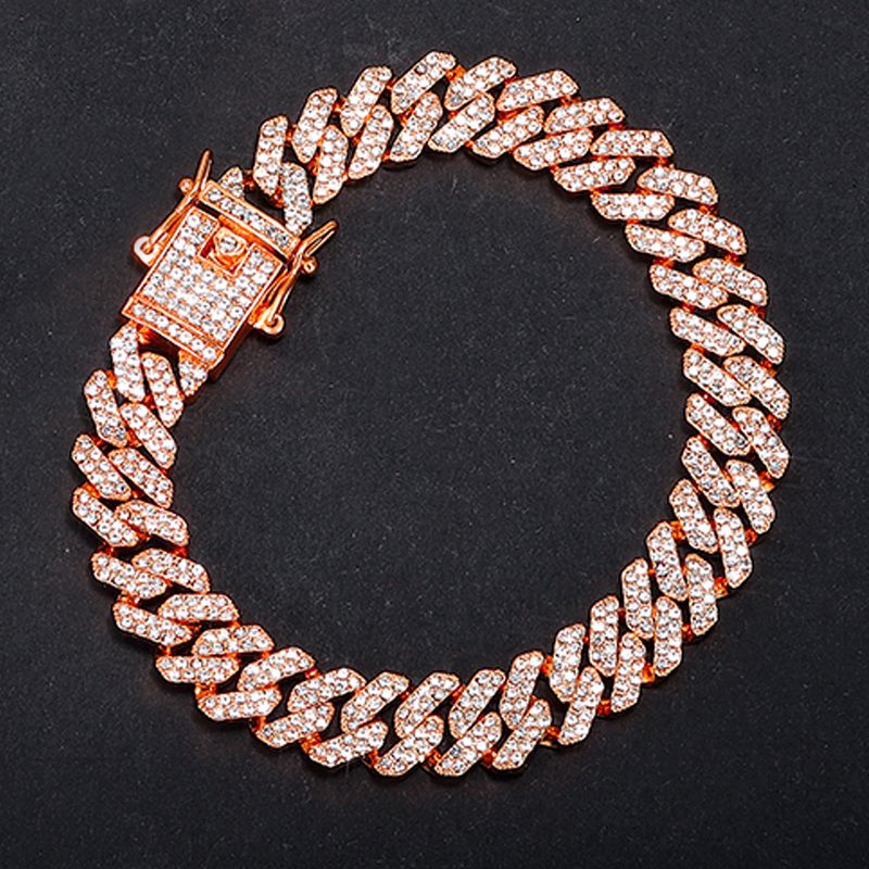 Bracciale a catena cubana con maglie cubane a griffe, stile hip hop, da uomo e da donna, con 2 file di strass, da 13 mm, ghiacciato, con pavé di Miami e rombi._voghion.com