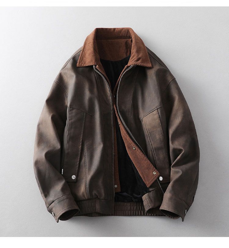 Men's Vintage PU Leather Bomber Jacket – American Retro Faux Two-Piece Fleece-Lined Coat With Zip Front & Side Pockets_voghion.com