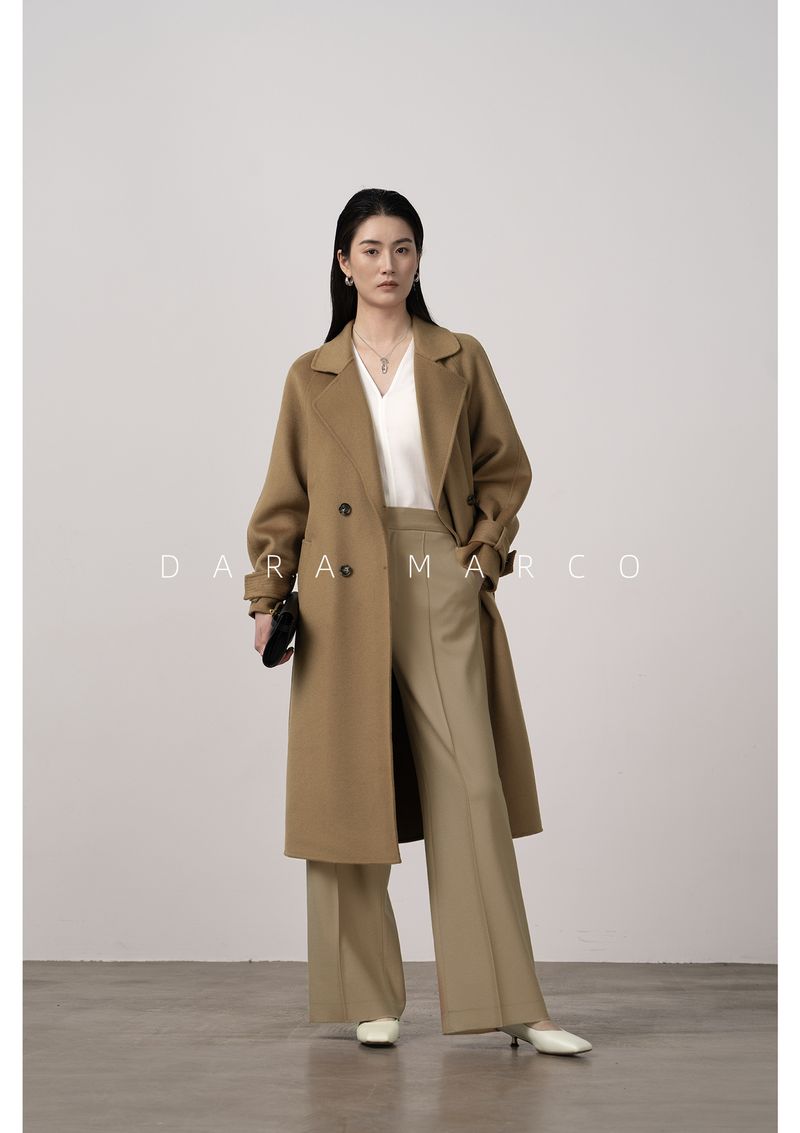 Trench double-face di lusso in misto cashmere e seta per donna – Elegante design con spalle scese, cappotto lungo aderente con drappeggio lusinghiero_voghion.com