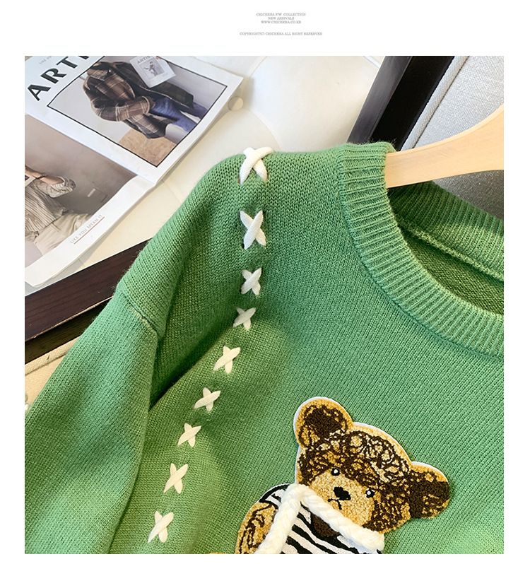 Dametøj 2024 Forårsny sweater Rund hals Langærmet sweater Dame Bjørn Tungindustri Afslappet Løs Mode Dametøj_voghion.com