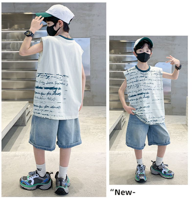 Roupas infantis para meninos, colete de verão com letras, terno para crianças de médio e grande porte, shorts jeans, terno de duas peças_voghion.com