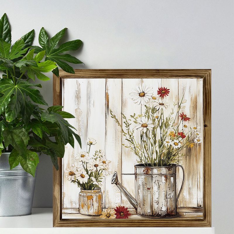"8x8'' Rustic Wooden Sign - Spring Jasmine & Watering Cans Farmhouse Art, Lightweight Polished Frame, Perfect For Living Room Or Cafe. Ideal Gift!_voghion.com