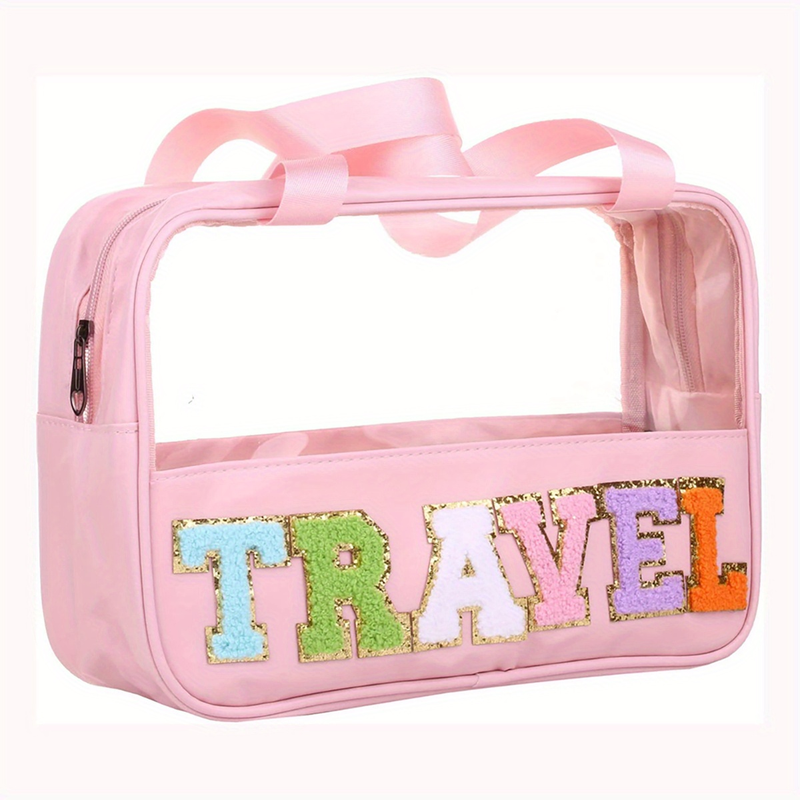 Transparent Letter Pattern Makeup Bag With Handle, Lightweight Portable Waterproof Travel Essentials Large Capacity Cosmetic Bag Zipper Pouch_voghion.com