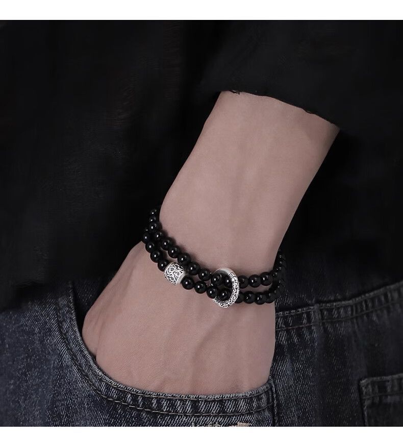 Chinese Pure Silver Bracelet Men With Obsidian Peace Buckle, Bracelet, Men's Jewelry, Birthday Gift For Boyfriend_voghion.com