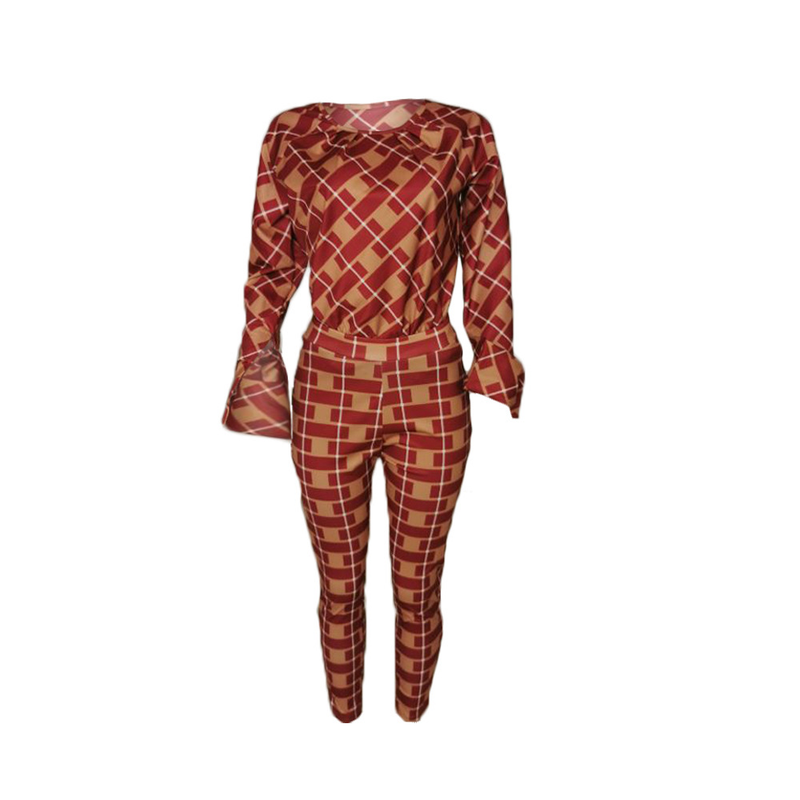 Explosieve losse blouse met lange mouwen en geruite broek, tweedelige set_voghion.com