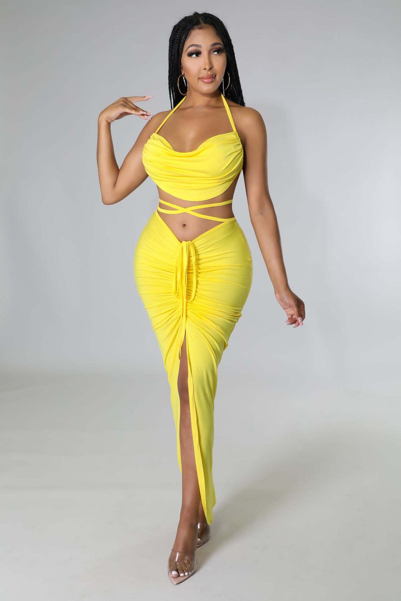 Y1141 Vêtements pour femmes de boîte de nuit Couleur unie Sexy Évider Fendu Cravate Dos Nu Ensemble deux pièces_voghion.com