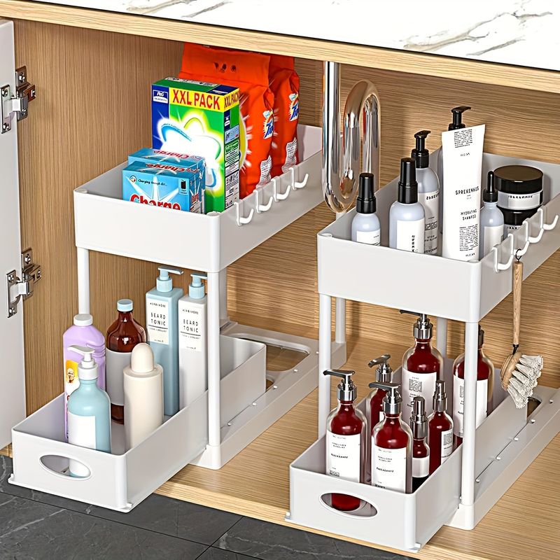 2-Tier Sliding Under Sink Organizer Multifunctional Space-Saving Bathroom Cabinet Basket Storage Drawer Under Cabinet Box_voghion.com