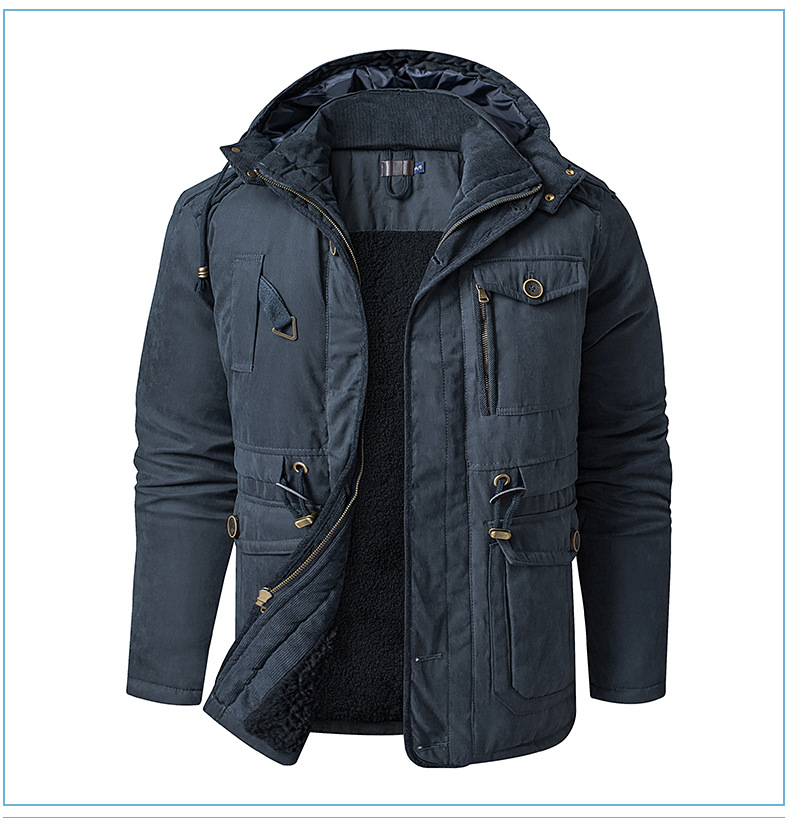 Men's Plus Size Shearling Hooded Cotton Jacket Thickened Multi-Pocket Cotton Top Casual Mid-Length Coat_voghion.com
