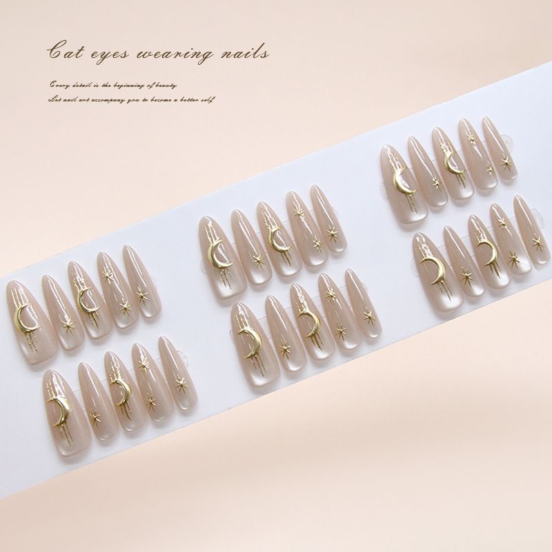Künstliche Nägel, handgefertigt, vorgefertigt, Katzenauge, golden, dreidimensionaler Mondstern, modisch, passend zu allen tragbaren Nägeln, 30 Stück_voghion.com