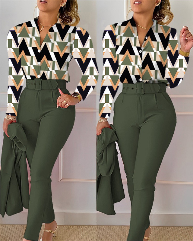 Damenmode-Modedruck-Langarmoberteil einfarbiges Hosenset mit Gürtel_voghion.com
