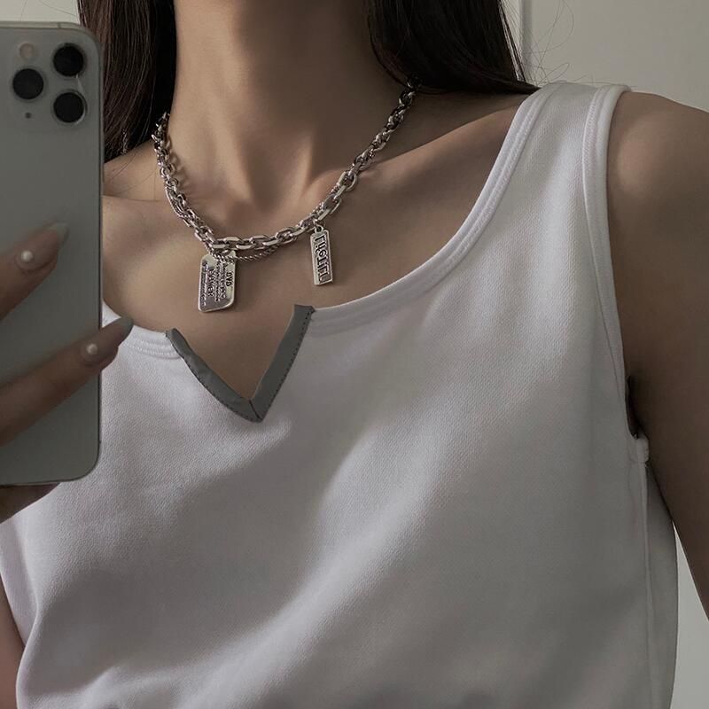 Minimalist Square Pendant Letter Hip-Hop Necklace Women Summer Cold Style Double Layer Stacked Decorative Clavicle Chain_voghion.com