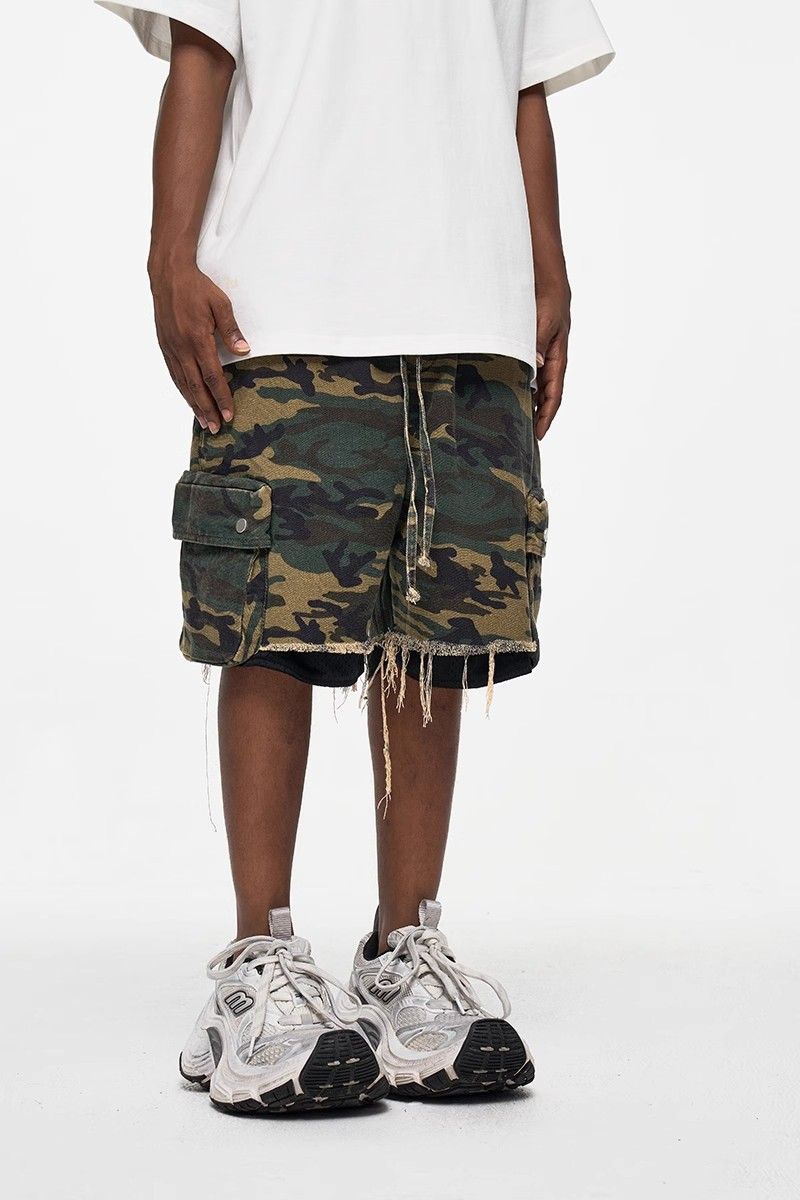 Men's Clothing High Street Washed Raw Edge Distressed Double Layer Retro Workwear Pocket Trendy Camouflage Shorts Summer Shorts Men's Trend_voghion.com