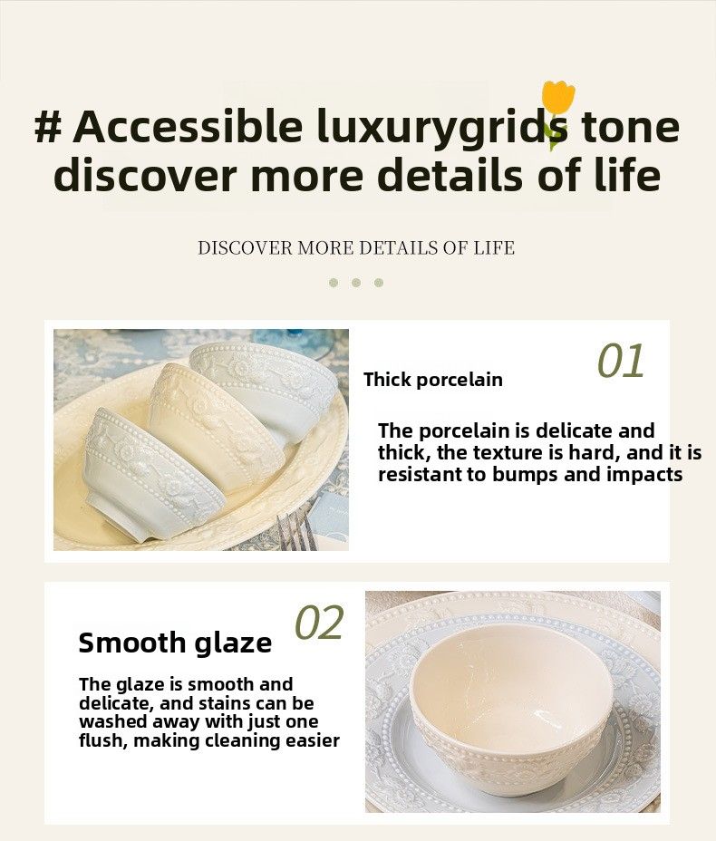 Französisches Geschirrset für den Hausgebrauch, hoher ästhetischer Wert für Mädchen, hübsches Keramikschüsselset, neues geprägtes Geschirr_voghion.com