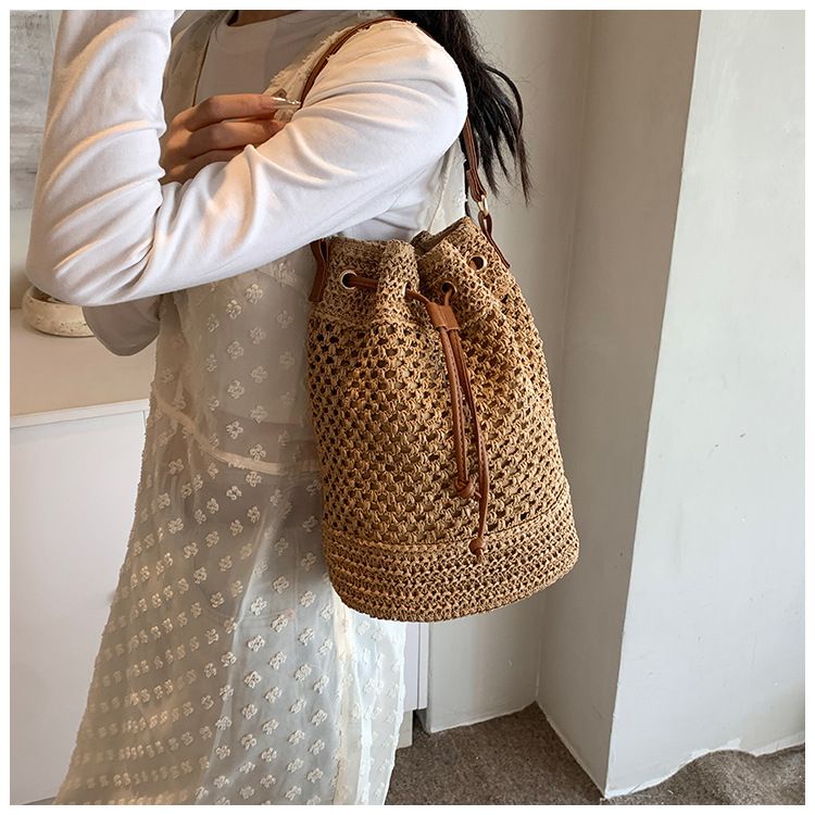 Borsa a secchiello da donna, borsa intrecciata, borsa a secchiello alla moda da donna, borsa di paglia, borsa da spiaggia, borsa a tracolla_voghion.com