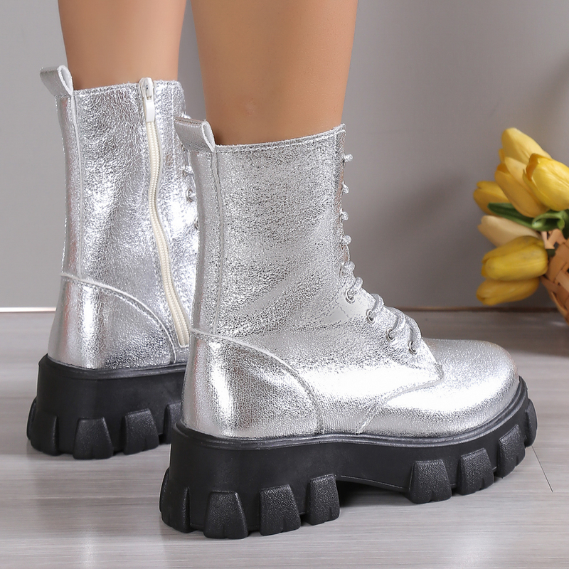 2024 Hot Sale Ladies Shoes Lace Up Women's Autumn Round Toe Solid Platform Water Proof Short Barrel Large Size Naked_voghion.com