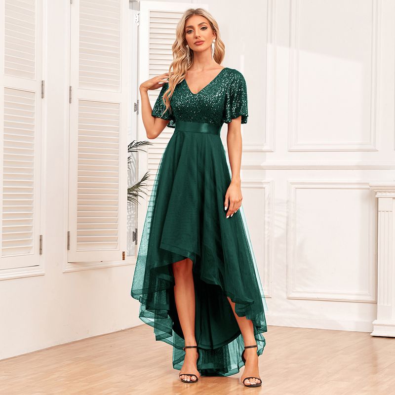 Robe de soirée élégante à volants et manches courtes pour femme avec taille élastique et jupe longue irrégulière en tulle moelleux_voghion.com