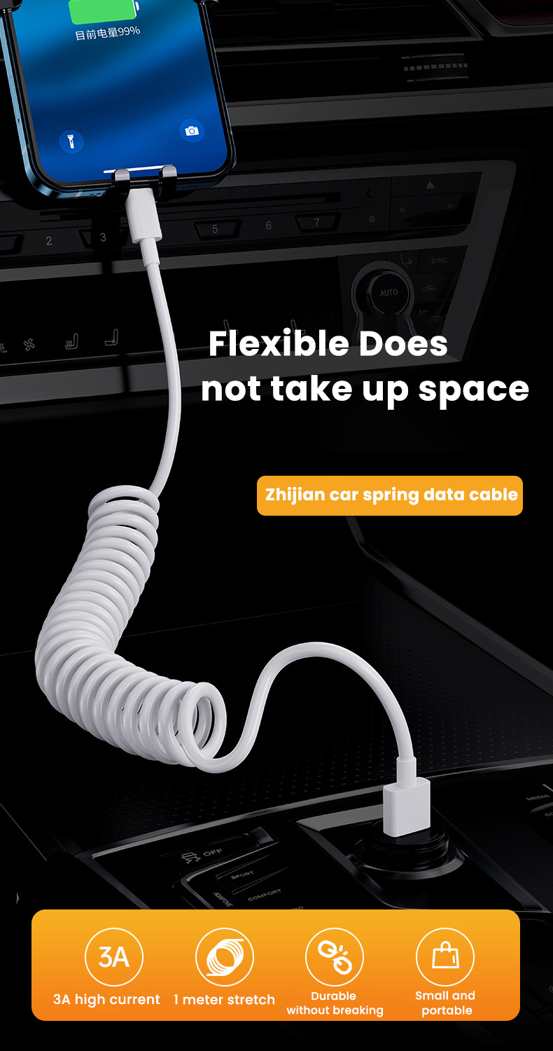 Spring 1M USB-Kabel für iPhone 14 13 12 Pro Max XS XR 8 7 6s Einziehbares Origin 3A USB-Ladekabel_voghion.com