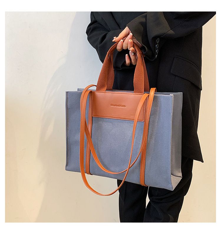 Borse tote da donna, semplici borse tote da donna con colori di tela a contrasto e tracolla singola di grande capacità._voghion.com