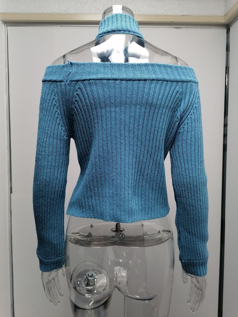 Vrouwen forens OL grote maat sexy off-the-shoulder effen kleur slim-fit gebreide trui vrouwelijk_voghion.com