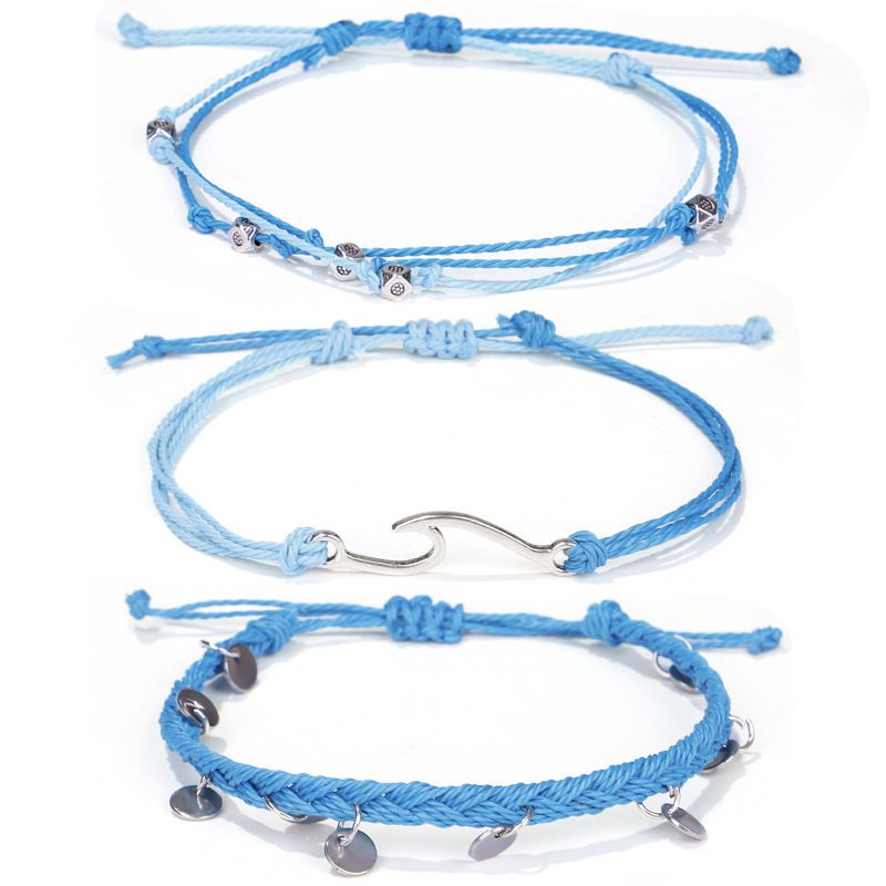 New Bohemian Vacation Style Summer Wax Thread Braided Wave Anklet Set_voghion.com