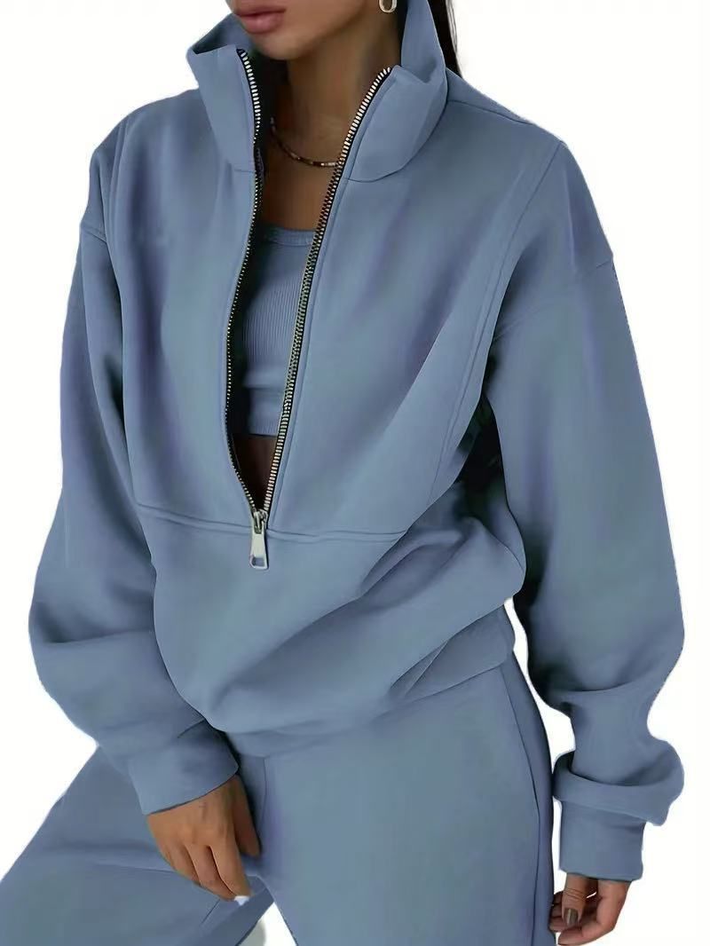 Treten Sie ein in Mode, Freizeit, Sport, Zuhause, lockerer, bequemer Reißverschluss, Fleece, gestrickter Hoodie und Hose, zweiteiliger Damenpullover_voghion.com