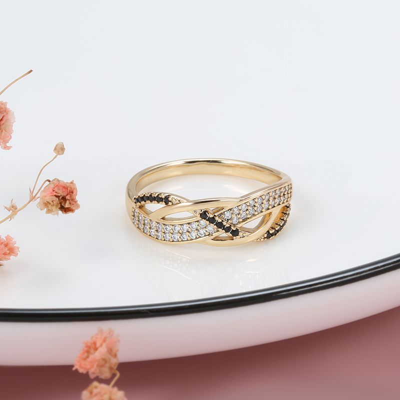 Ready Stock 585 Rose Ring Two Cross Black White Zircon Bling Gold Plating Fashion Fine Summer French Trend Jewelry Anillo Joyas_voghion.com