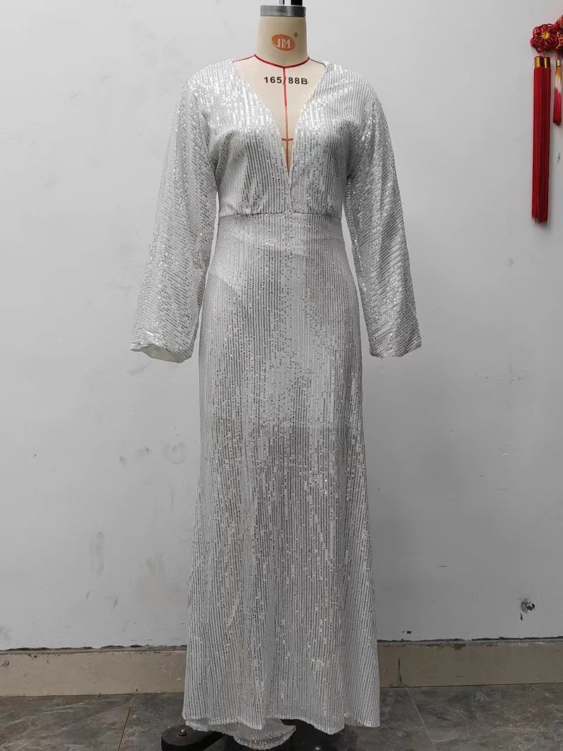 Robe longue élégante à paillettes et manches longues pour femme, col en V, longueur au sol, queue de poisson, banquet_voghion.com