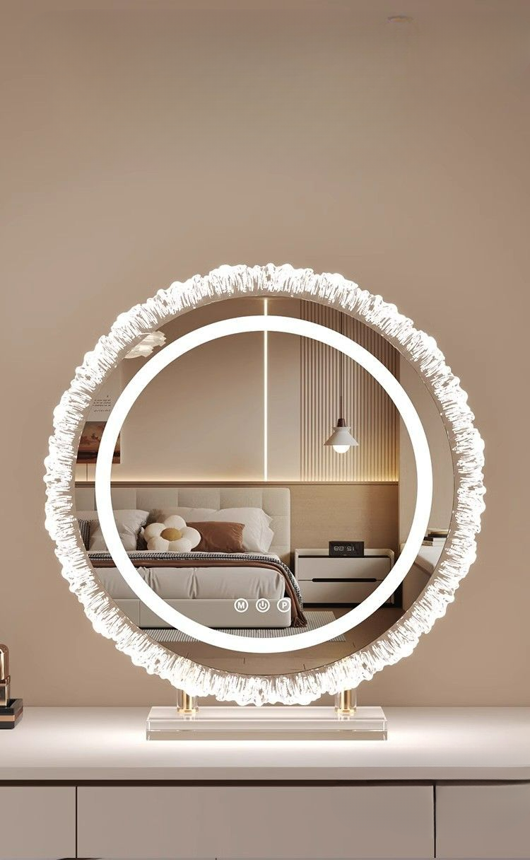 【 Collezione 2721 People 】 Specchio da toeletta da tavolo per camera da letto con base in acrilico a forma di girasole, luminoso a LED_voghion.com