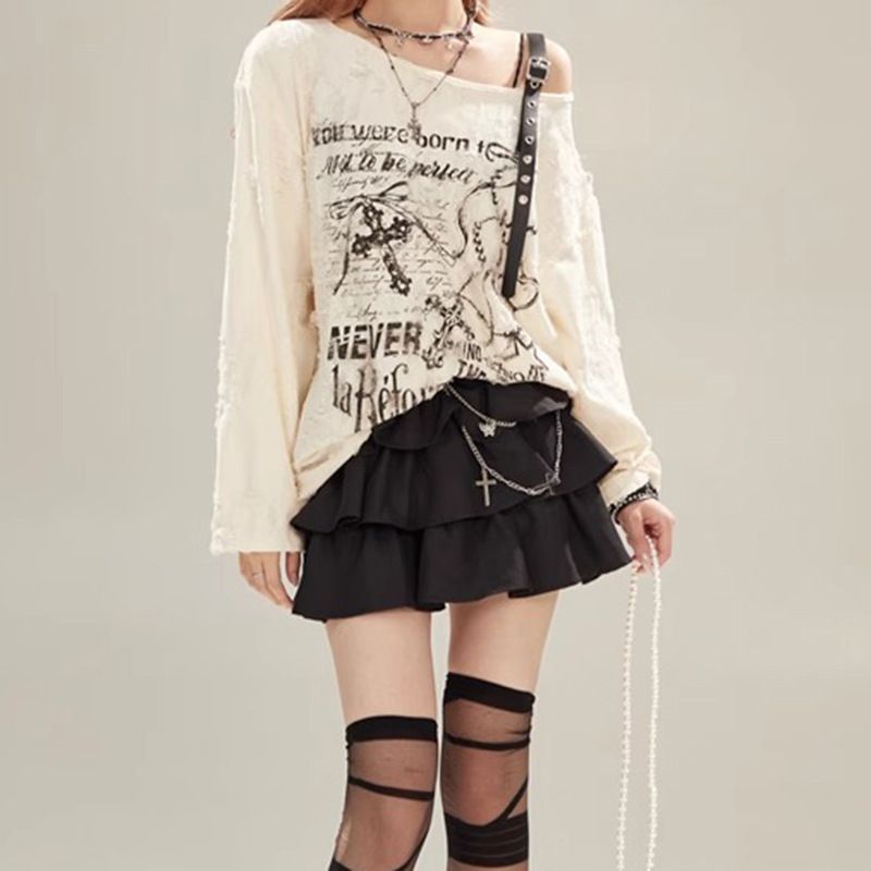 Schulterfreies Blusenoberteil im Wasteland-Stil mit Hot Girl-Aufdruck für Damen, locker sitzendes, lässiges Langarm-T-Shirt im Used-Look,_voghion.com