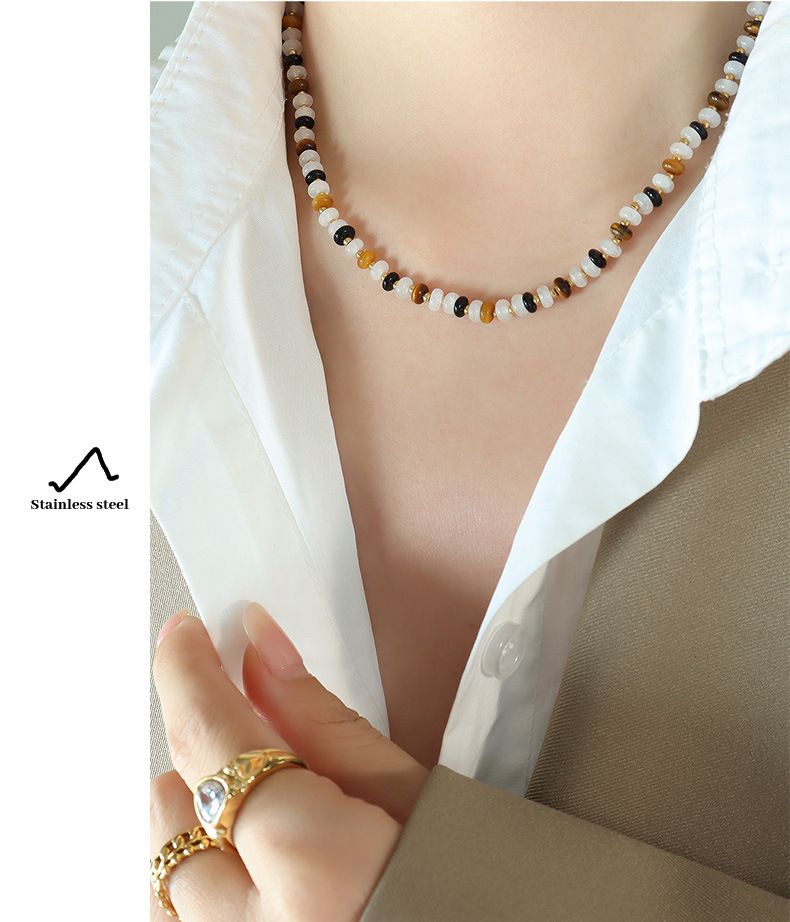 Women's Jewelry Handmade Beaded Necklace With Natural White Jade And Tiger Eye Stone, Unique Black Onyx Design, Minimalist Geometric Style_voghion.com