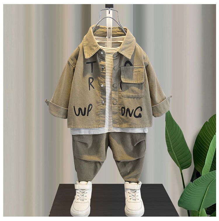 Nuova giacca in velluto a coste Bos primavera e autunno 2025, camicia stile street, set da lavoro per bambini in tre pezzi_voghion.com