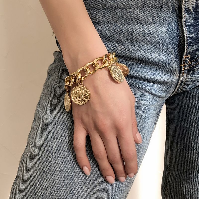 B1255 Bracciale a catena spessa per donna, accessorio geometrico esagerato in stile punk hip-hop con moneta ritratto_voghion.com