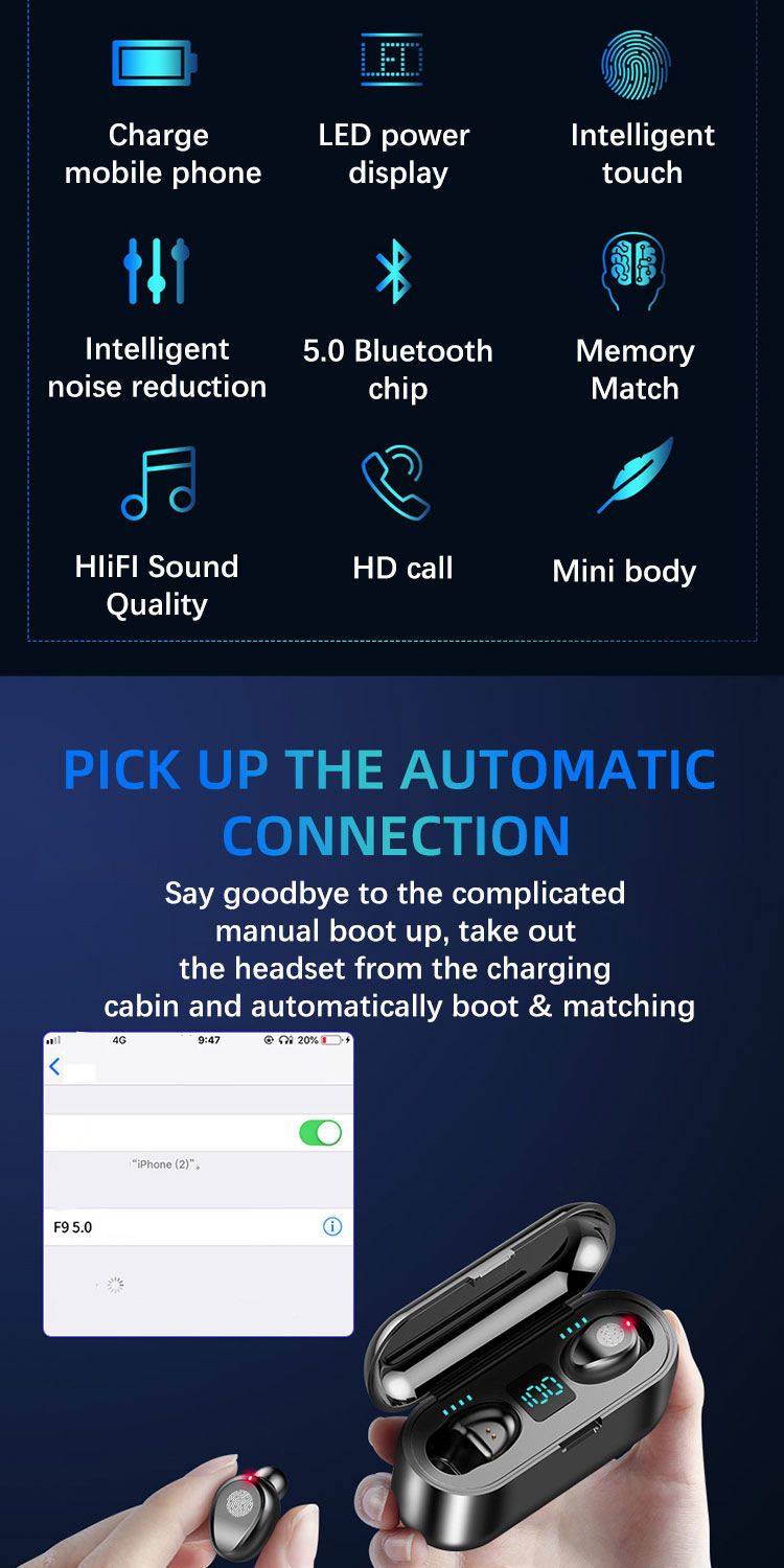 F9TWS Mini 5.0 Touch True Wireless Bluetooth austiņas, digitālais displejs divās ausīs, ūdensizturīgs sporta veids_voghion.com