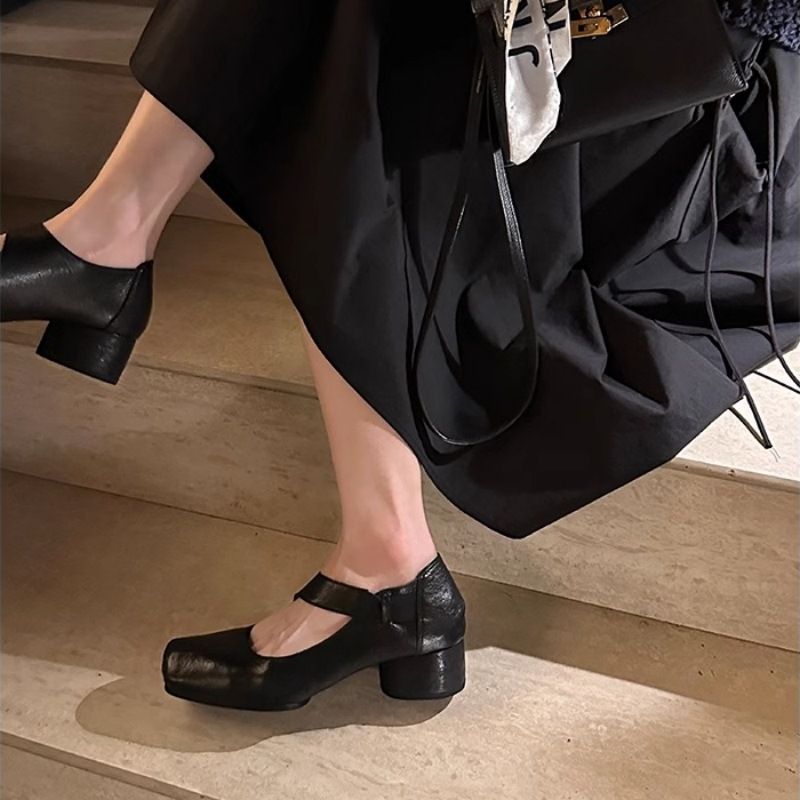 Versione in pelle di pecora ~ Scarpe da donna in vera pelle di alta qualità, con punta quadrata, stile ballerina, tacco medio-alto, stile Mary Jane_voghion.com