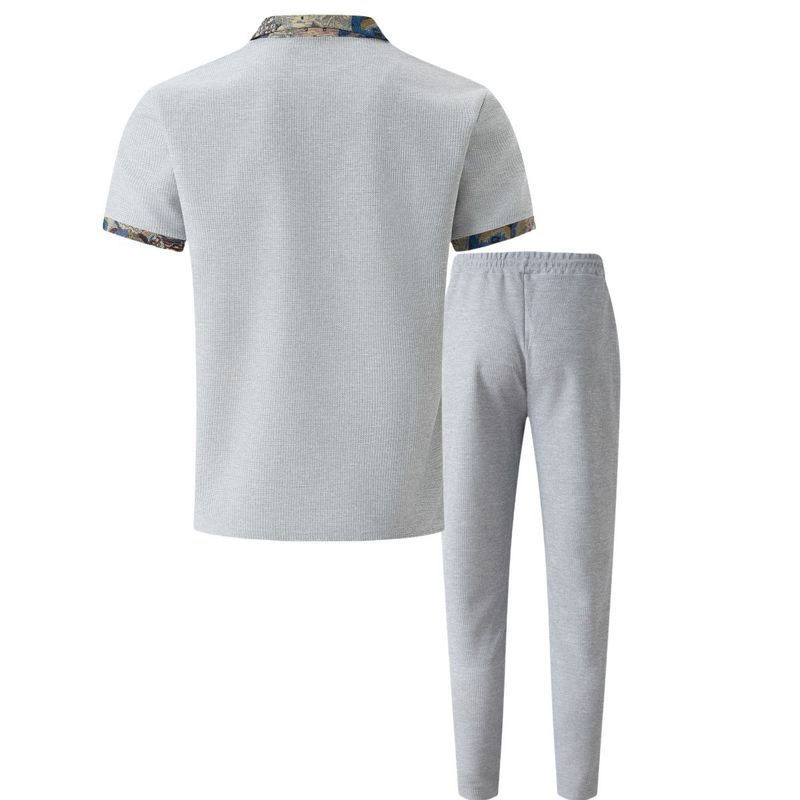 Roupas masculinas Nova juventude Waffle lapela cor combinando bolso manga curta calças terno casual_voghion.com