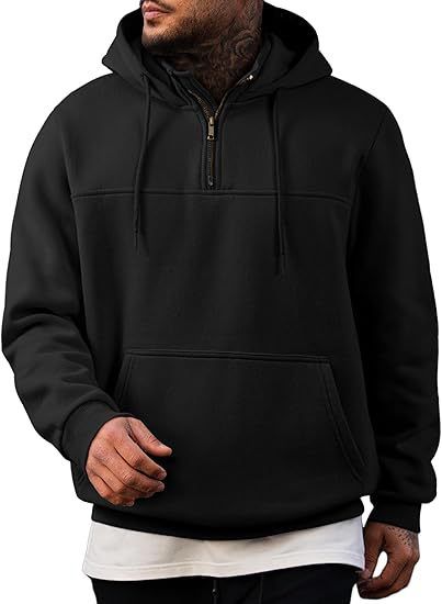 Herren-Fleece-Kapuzenpullover mit halbem Reißverschluss – Locker sitzendes Sweatshirt im amerikanischen Retro-Stil mit Stehkragen (S-XXXL, Kängurutasche, einfarbig)_voghion.com