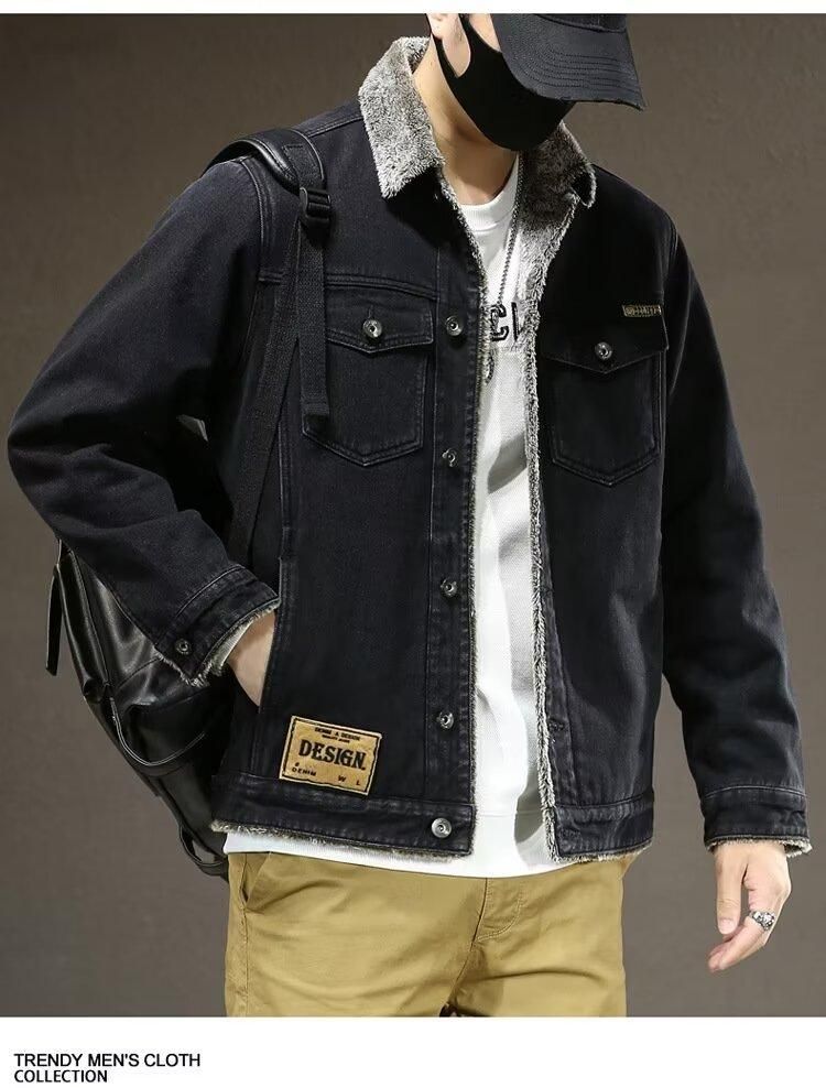 Giacca in denim foderata in pile invernale vintage da uomo, cappotto da lavoro oversize con calore ispessito, cappotto casual ampio alla moda (nero)_voghion.com