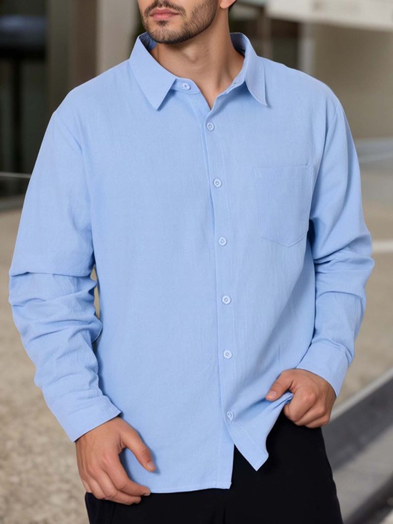 Frühling und Herbst Neue Herren Einfarbig Revers Tasche Knopf Mode All Match Lose Langarmhemd_voghion.com