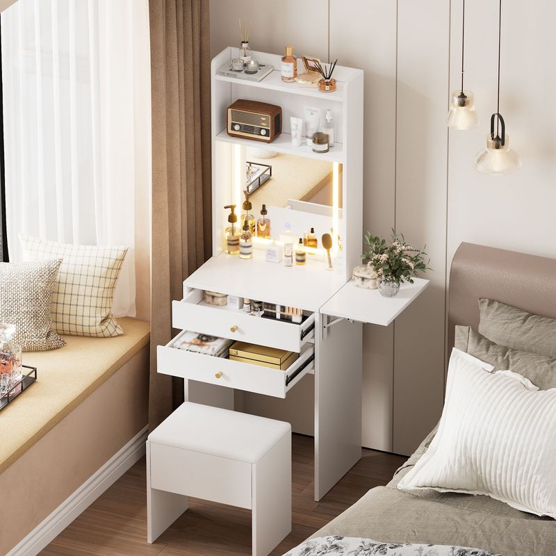 Small Space Vanity Table Set With 3 Adjustable Lighted Mirror And Storage Chair,Makeup Vanity Table For Small Space,White Dressing Table With Fold-up Panel For Bedroom_voghion.com