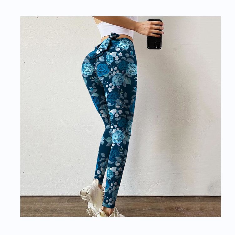 Pantaloni da yoga da yoga da donna con stampa multicolore antirughe sull'anca, dimagranti a vita alta, con fiocco elasticizzato_voghion.com