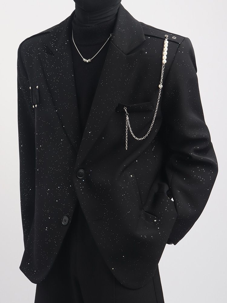 Hue Hue Nuovo design di nicchia con catena di perle Blazer nero per uomo Primavera e autunno Vestibilità ampia e versatile Abito casual_voghion.com