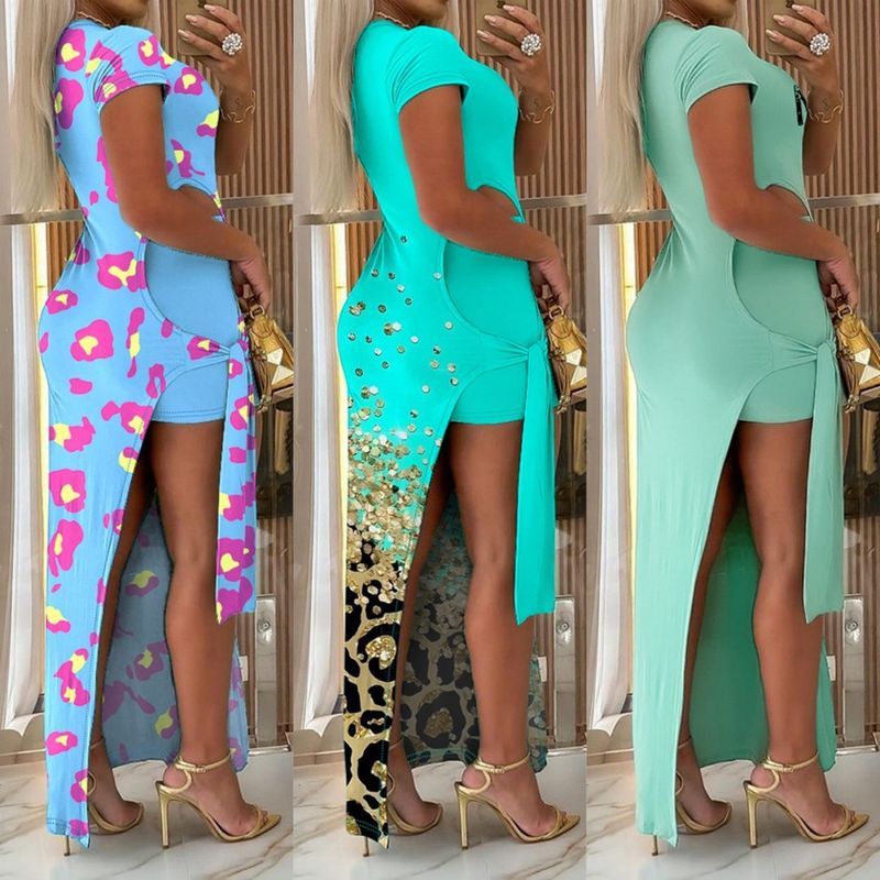 Pantaloncini da donna con lacci e maniche corte a maniche lunghe con spacco alto e due abiti stampati_voghion.com