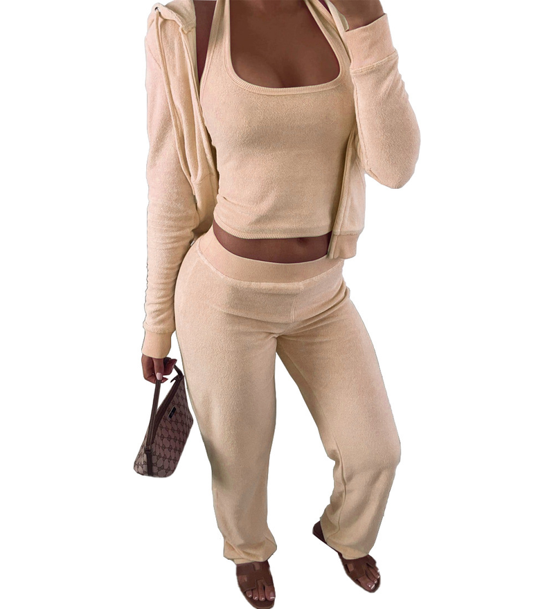 Damenbekleidung International Hot Selling Kleidung Winter Neue doppelseitige Samtweste mit Kapuze dreiteiliges Set_voghion.com