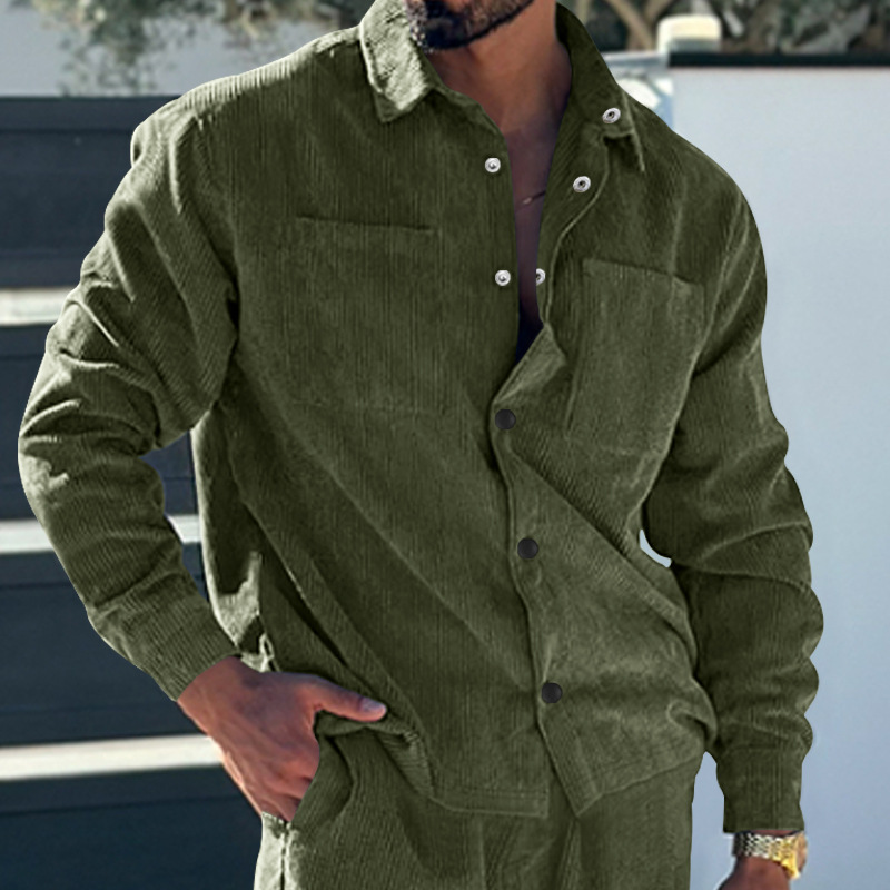 Cardigan da uomo slim fit, in velluto a coste, multitasche, casual, taglie forti, tinta unita, 2023_voghion.com