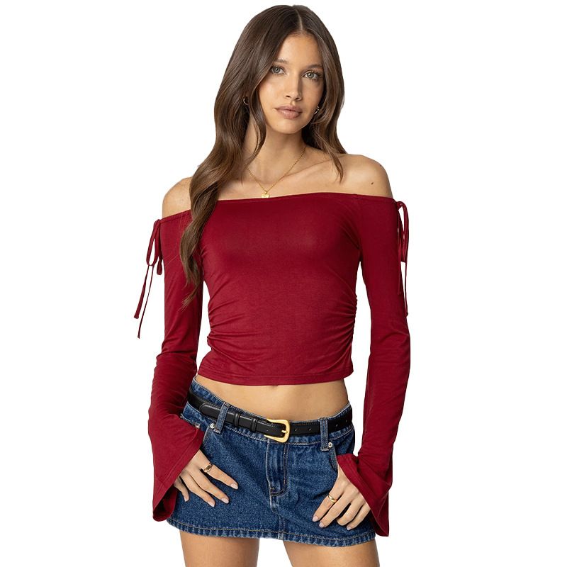 Q24TP650 Women's Autumn/Winter One Word Collar Bow Tie Shrink Fold Short Open Umbilical Top T-shirt_voghion.com