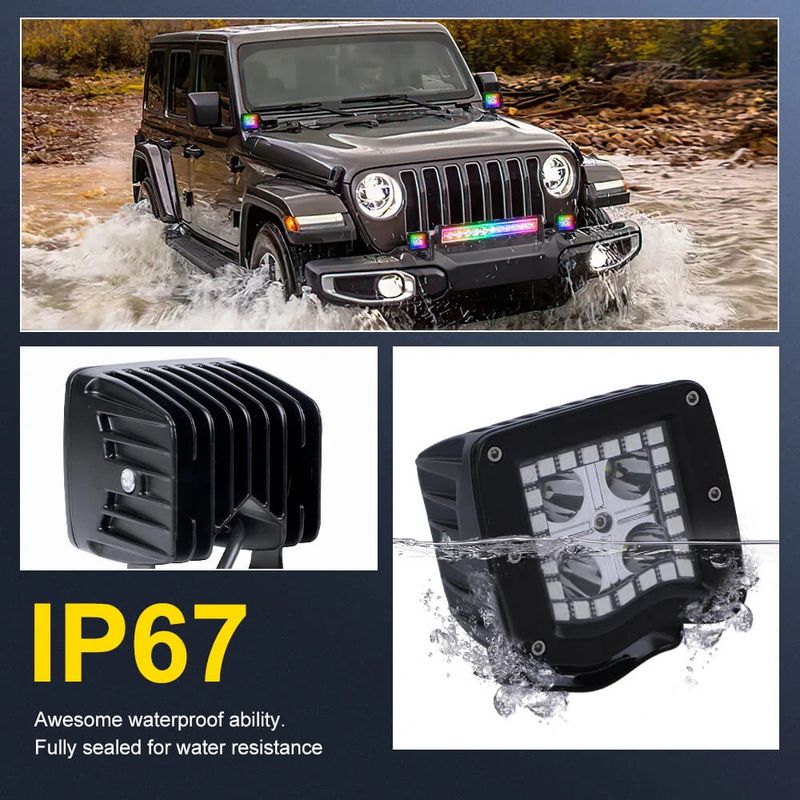 12W 3" Square Cube LED Work Lights With Chasing RGB Halo Ring,1 Pair, For Jeeps, 4x4 Cars, Trucks, Motorcycles, SUVs, ATVs_voghion.com
