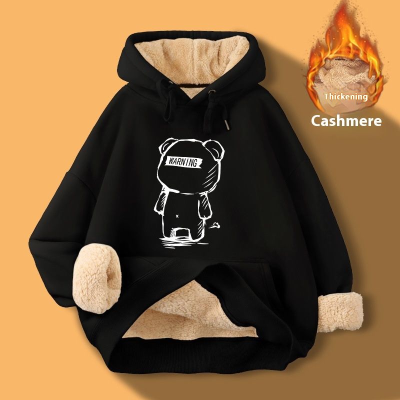 Hooded lamb shoulder black hooded sweatshirt for autumn winter, with thickened and extra thick one-piece fleece_voghion.com