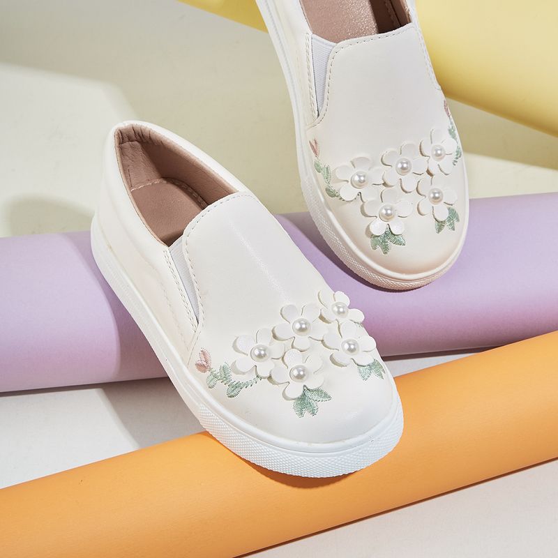 Scarpe da ginnastica bianche da bambina, punta tonda, suola piatta, stile western, ricamate, primavera e autunno_voghion.com